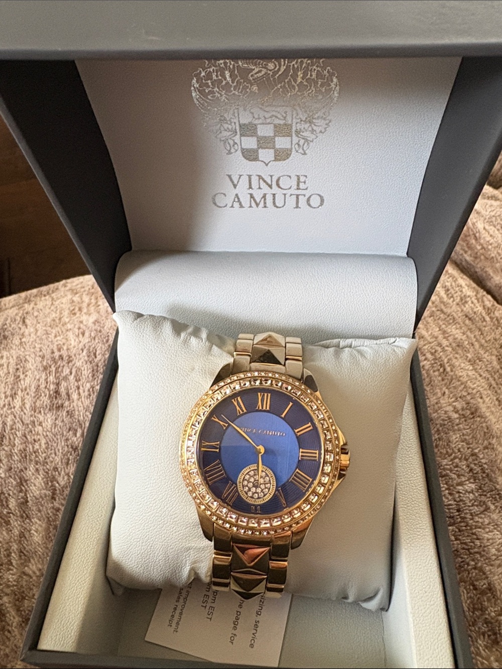 Vince Camuto Gold Tone Watch with Blue Dial and Crystal Accents